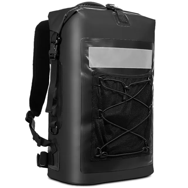 Black roll-top backpack with front mesh and cord storage