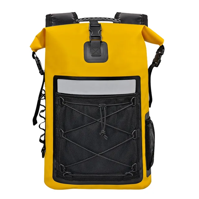 Yellow roll-top backpack front view