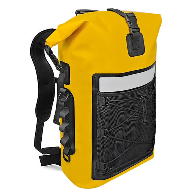 Yellow backpack front three-quarter view and side loops