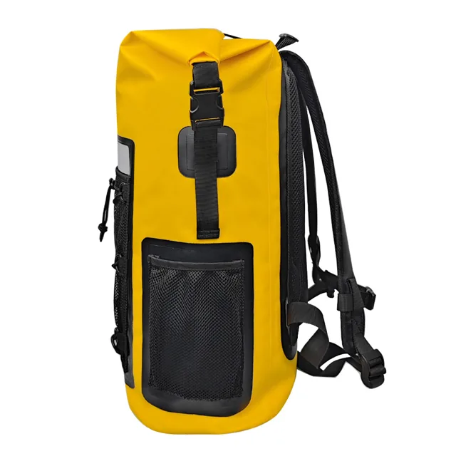 Yellow backpack side profile with mesh pocket