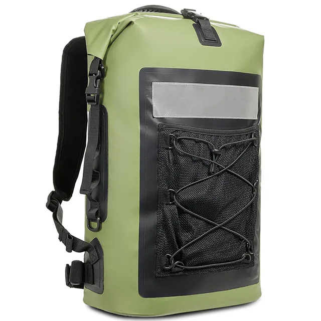 Olive roll-top backpack with mesh and cord storage