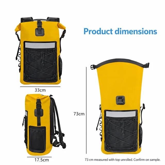 Yellow backpack closed, side and unrolled views with dimensions