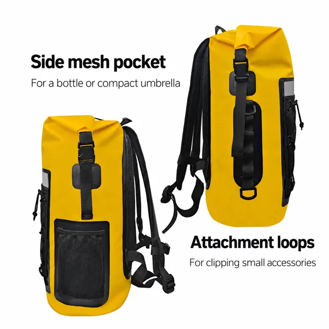 Side mesh pocket and external attachment loops on yellow backpack