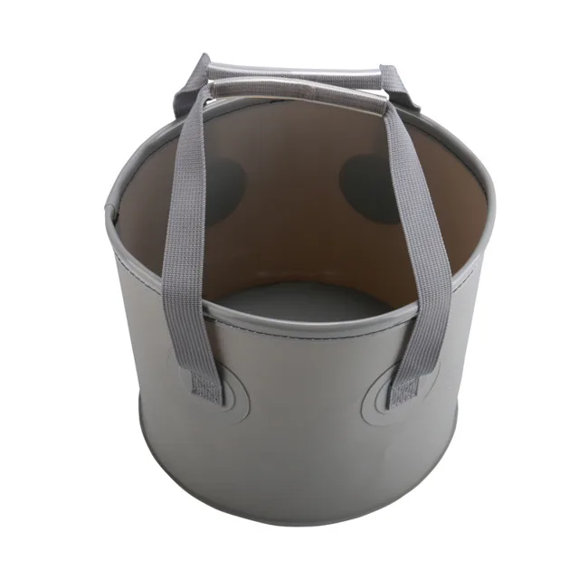 Gray collapsible fishing bucket with open top and carry handles