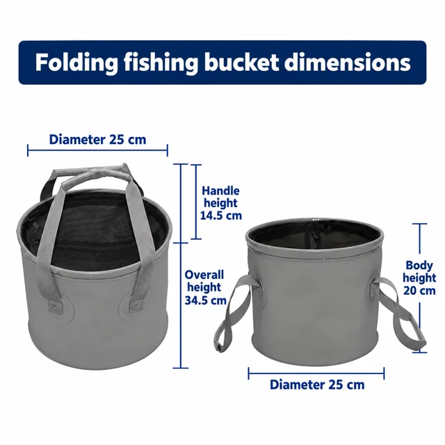 Gray mesh-lid folding fishing bucket dimensions with 25 cm diameter and 20 cm body height