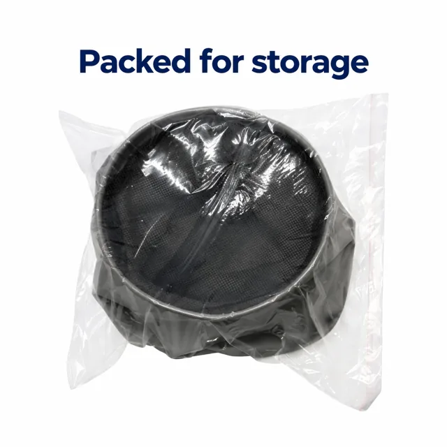 Folded gray mesh-lid fishing bucket packed in a clear storage bag